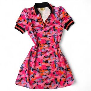 Ribbed Pink and Black Polo Collar Mini Dress